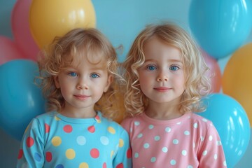 Fototapeta na wymiar Two young girls wearing matching polka dot shirts happily play with balloons at an indoor party, their faces full of joy and their outfits reflecting their youthful and playful personalities