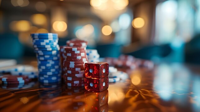 Colorful poker chips stacked on a glossy table in a casino. close-up view of gambling chips, blurred background. capturing the thrill of betting. AI