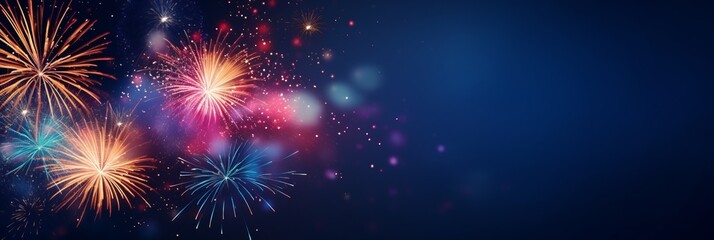 Fototapeta na wymiar firework over abstract blue background and text space