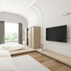 Modern japan style tiny room decorated with tv cabinet and wood wardrobe, minimalist sofa and white bed, white curved wall and wood floor.3d rendering