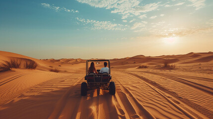A young couple rides in a buggy through the desert in the UAE.