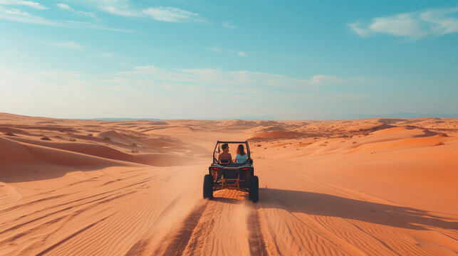 
A young couple rides in a buggy through the desert in the UAE. - Powered by Adobe