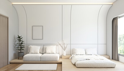Modern japan style tiny room decorated with minimalist sofa and white bed, white curved wall and wood floor. 3d rendering