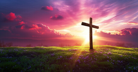 christian background with jesus cross and beautiful green field