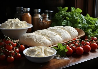 Fresh dough and tomatoes on wooden table with basil leaves