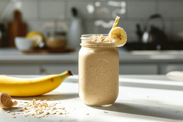 
A styled shot of a vegan banana and oatmeal smoothie in a mason jar on a white kitchen countertop background