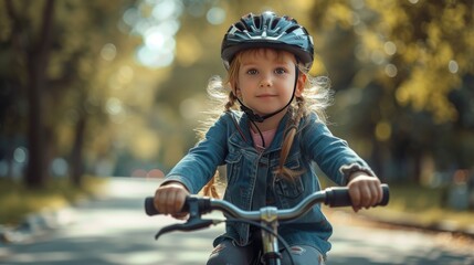 Fototapeta na wymiar Cute child riding a bicycle and wearing safety helmet in amazing city park, Cute little girl having fun by riding bicycle. Cute kid in safety helmet biking outdoors.