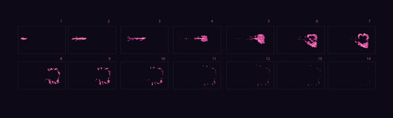 Fire explosion animation during the shot with the machine. Fire burst animation. Purple cartoon style sprites sheet of fire animation .– Vector © Ptouch