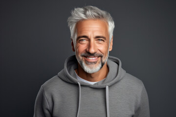 Fototapeta premium Confident mature man smiling in casual attire on grey background. Modern lifestyle and positivity.