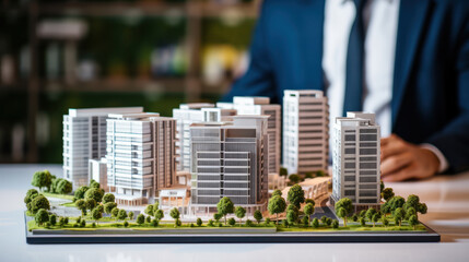 Close up hands of male architects or developer analysing joint project for a future residential complex.