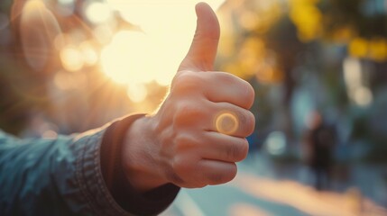 A close-up of a man's hand giving a thumbs up, background image, generative AI