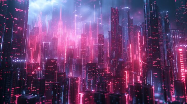 A luminous cityscape with neon lights and holographic elements. © olegganko