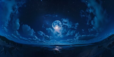 Naklejka na ściany i meble Surreal night sky with full moon over tranquil sea. dreamy landscape, perfect for background or wallpaper. mystical and peaceful nature scene. AI