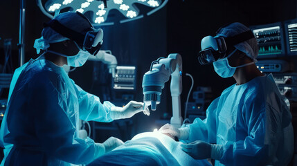 Surgeons use high-precision remote-controlled mini forceps to operate on patients in hospital. Doctors work with new technologies and monitor vital signs on holographic displays with visual effects.