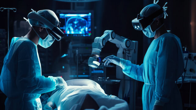 Surgeons use high-precision remote-controlled mini forceps to operate on patients in hospital. Doctors work with new technologies and monitor vital signs on holographic displays with visual effects. - Powered by Adobe