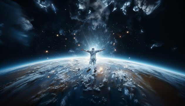 Conceptual photo of Astronaut dressed light spacesuit while free falling from stratosphere on Earth and enjoying planet . Space exploration and sci fi concept image.