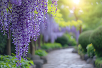Obraz premium Purple Cascades in the Garden, Garden pathway under a wisteria-covered arch