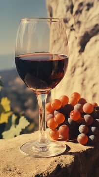 Old grainy photo of a glass of red wine in a vineyard in Italy. Promotional image from the 80s of a wine glass. Luxury wine.