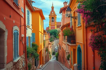 Charming and vibrant street design and church scenery, a must-see tourist spot in the French Riviera region of France. - obrazy, fototapety, plakaty