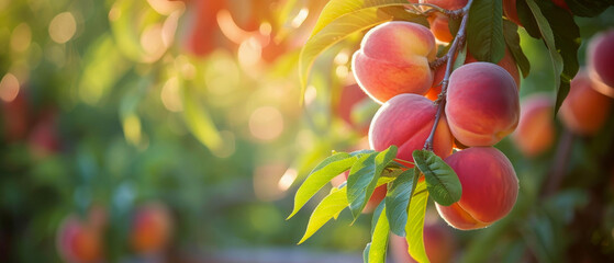 Peaches on tree in orchard. Sun-kissed
