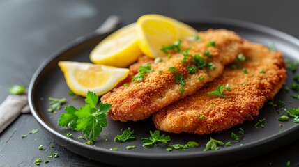 A breaded and fried veal or pork cutlet, accompanied by lemon wedges