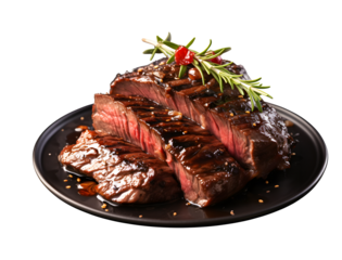 top view Beef steak meat cutting in a black plate, t bone, Wagyu Beef Steak, rib eye, isolated on white transparent background