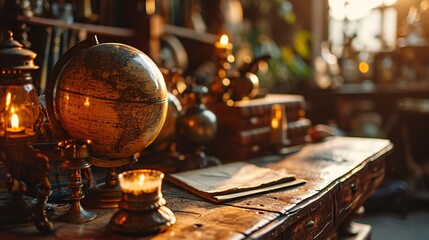 Vintage globe, map, and book in cabinet. Science learning, journey, and discovery concept. Historical and geographical group. Ancient globe and aged map with educational and exploratory motif. - obrazy, fototapety, plakaty