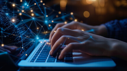 Close-up of a scientist performing calculations, analyzing and visualizing a complex data set on a computer. Data Science and Big Data Technologies. Business analyst concept.