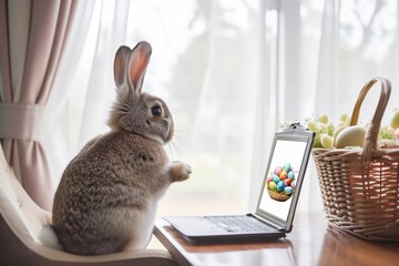 Cute easter bunny using laptop, Generative Ai