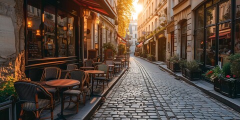 Fototapeta na wymiar Quaint Parisian street lined with sidewalk cafes in France.