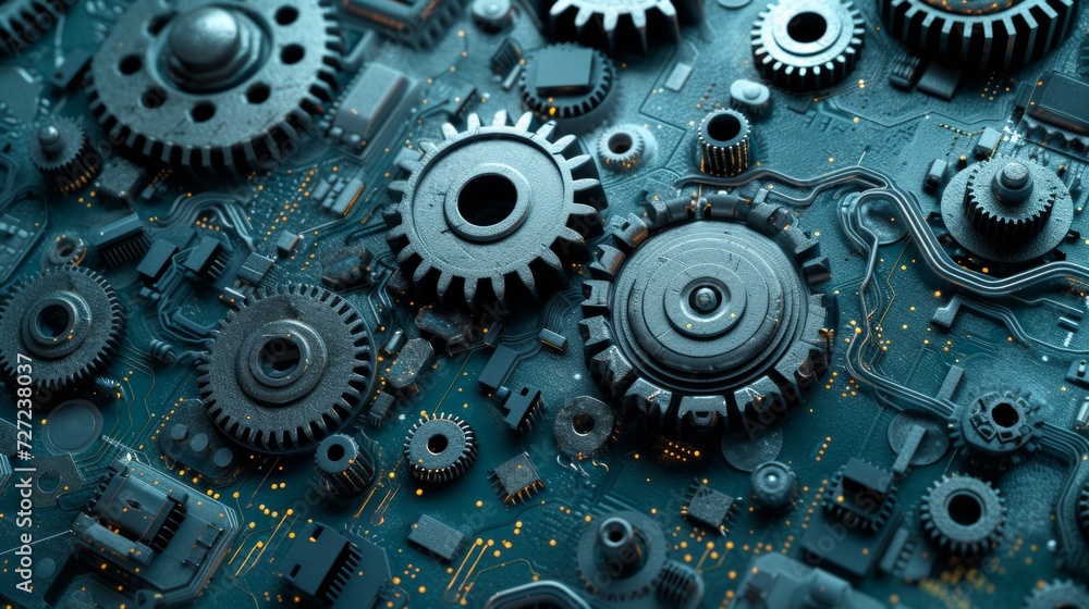 Poster a fusion of mechanical gears and digital circuitry, symbolizing the convergence of technology and en