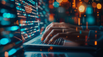 Close-up of a scientist performing calculations, analyzing and visualizing a complex data set on a computer. Data Science and Big Data Technologies. Business analyst concept.