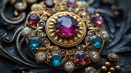A close-up of an ornate vintage brooch, adorned with intricate engravings and shimmering gems.