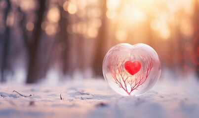 Crystal ball with red heart on snow in winter forest. Valentines day concept