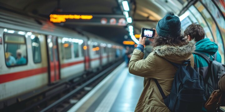 Tourists in Paris, France taking photos at a metro station platform.
