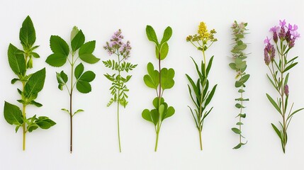 Various medicinal plants individually against a clean white background, background image, generative AI