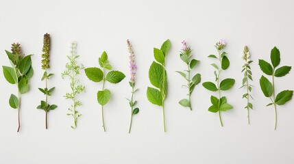 Various medicinal plants individually against a clean white background, background image, generative AI