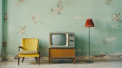 Analogue old vintage retro style TVset, yellow armchair, floor lamp near wallpaper wall art deco style living room. Media services, new digital world, end of analog devices, streaming services concept - obrazy, fototapety, plakaty