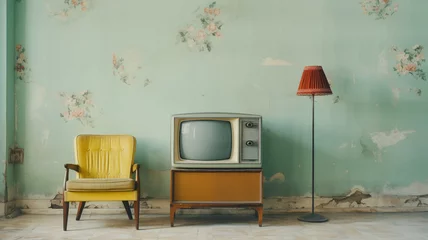 Fototapeten Analogue old vintage retro style TVset, yellow armchair, floor lamp near wallpaper wall art deco style living room. Media services, new digital world, end of analog devices, streaming services concept © Train arrival