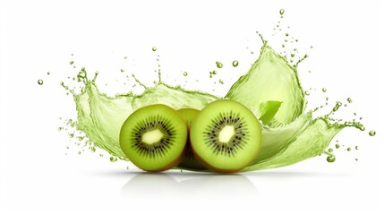 kiwi slices with splash of kiwi juice isolated on transparent background