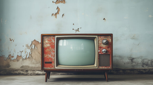 Analogue old vintage retro style wooden TVset near peeled wall in abandoned house. Media services, new digital world, end of analog devices, streaming services concept image.