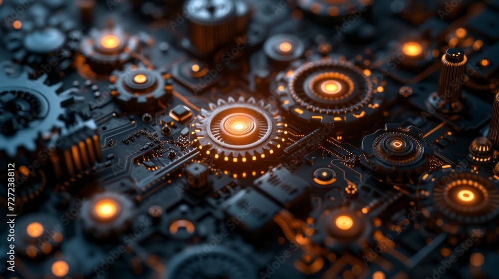 Poster a fusion of mechanical gears and digital circuitry, symbolizing the convergence of technology and en