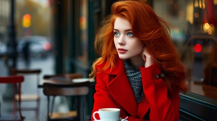 Red-haired woman in crimson jacket sipping coffee at a Paris caf√© during fall. - Powered by Adobe