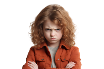 Angry belligerent kid girl looking at the camera white background PNG