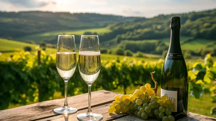 Crédence de cuisine en verre imprimé Vignoble Experience a sampling of top-quality effervescent white wine, overlooking lush French vineyards of pinot noir and meunier grapes.