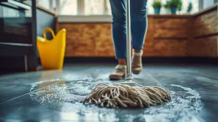 A woman washes the floors in the house using a flat wet mop. Close-up of mopping the floor. Cleanliness concept. - obrazy, fototapety, plakaty