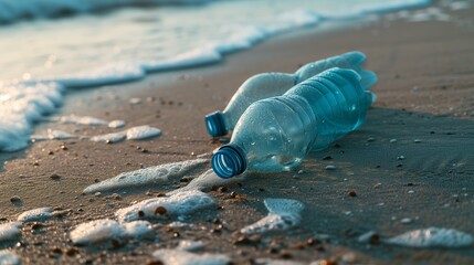 Obraz premium Several empty plastic water bottles discarded on a sandy beach, contributing to environmental pollution.