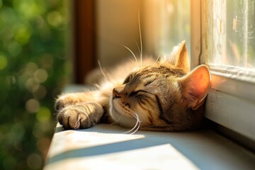Cat sleeping in the sunny day on a window ledge.