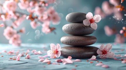 Obraz na płótnie Canvas Pebbles balancing, with flowers background. Sea pebble. Colorful pebbles. For banner, wallpaper, meditation, yoga, spa, the concept of harmony, ba lance. Copy space for text