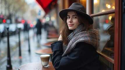 A lady savoring coffee at a Parisian caf√© in France.
